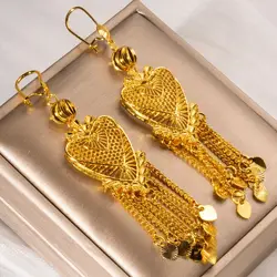 Dubai African Nigeria 24K Gold Color Heart Shape Tassels Earrings Ethiopian Arab Women Girls Party/Wedding Jewelry Wife Gifts