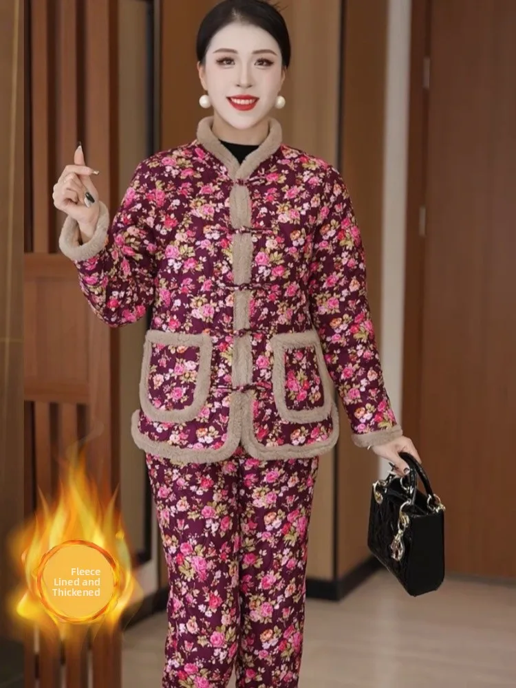 

Комплект из двух предметов: хлопковая куртка и брюки с цветочным принтом, на подкладке, свободного кроя, теплая зимняя одежда для женщин среднего возраста