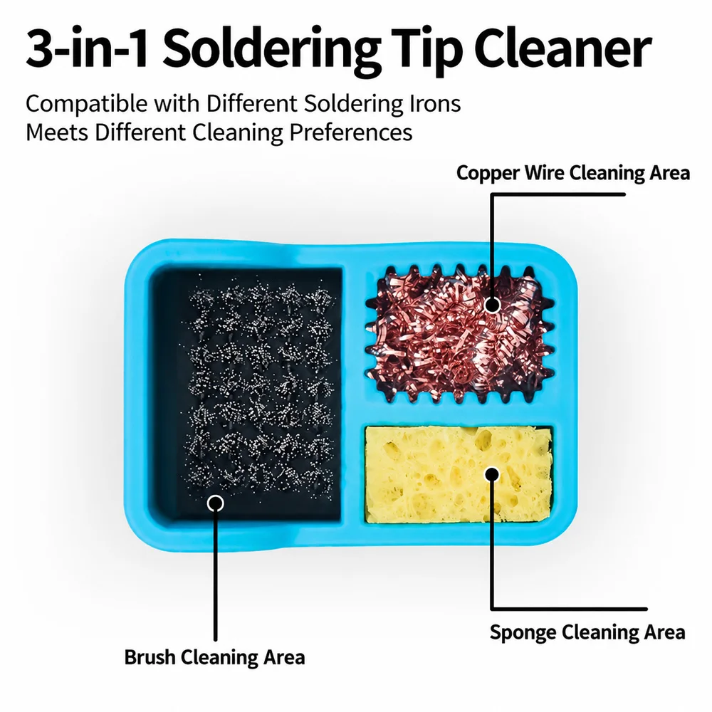 Solder Tip Cleaner Soldering Iron Cleaner Solder Sponge and Brass Wool and Dense Cleaning Steel Brush in Silicone Holder