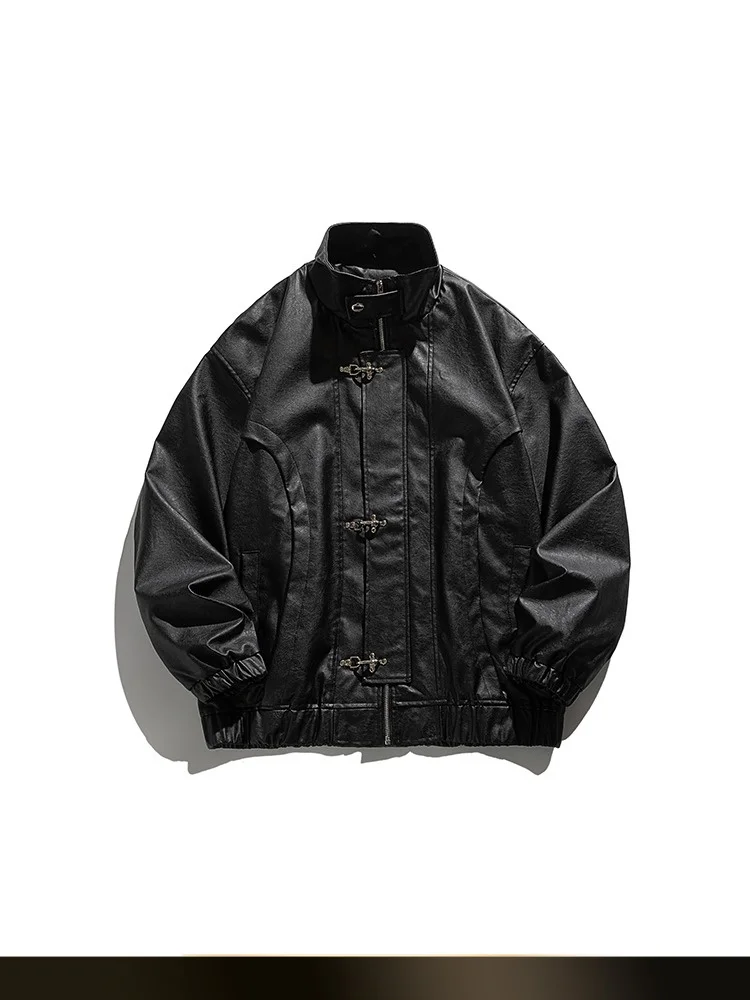 

American Retro Metal Aircrt Bule PU Leather Jaet Men's Autumn Street Loose Versatile Motorcycle Leather Coat