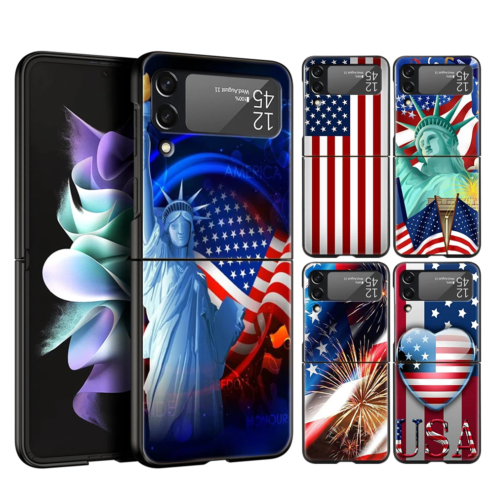 Hard PC Phone Case For Samsung Galaxy Z Flip 7 6 5 4 Black Cover For Galaxy Z Flip 3 Foldable American United States Flag Fundas