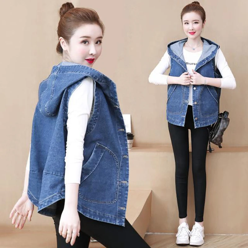 

New Spring Summer Casual Hooded Denim Vests Women Oversize Sleeveless Jean Jackets Fashion Chaleco Mujer Loose Cowboy Waistcoat