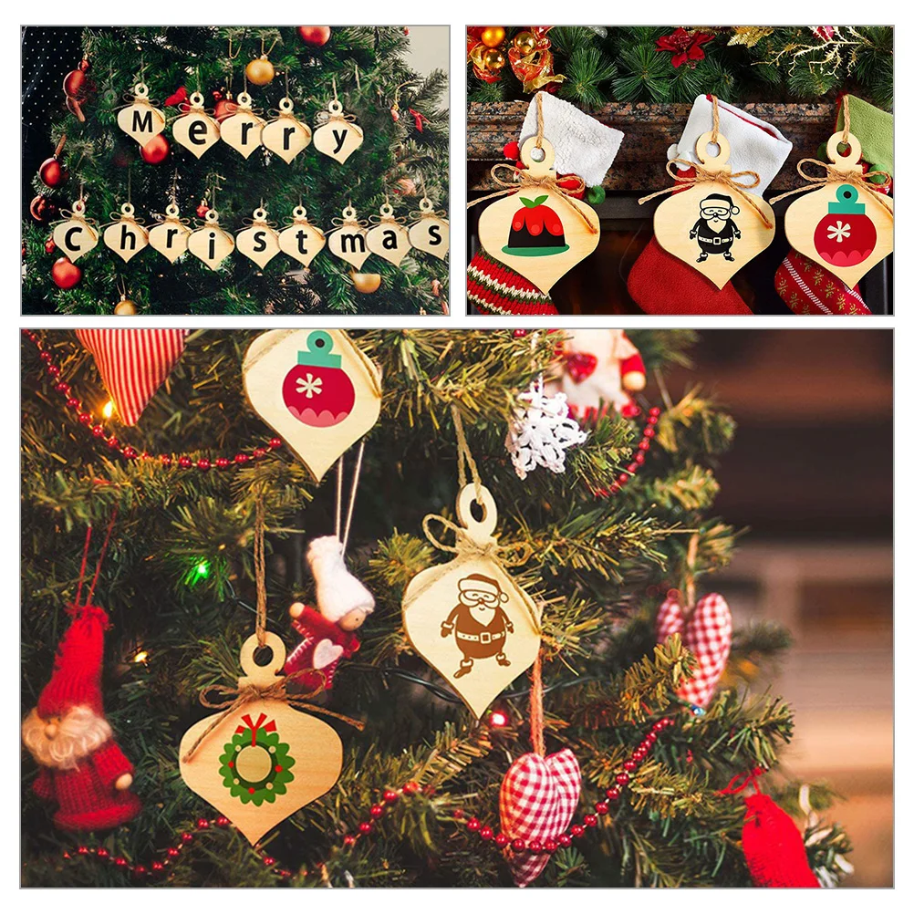 

20pcs Wooden Bulb Cutouts Diy Christmas Hanging Ornaments With Hole Rope Natural Wood Slices Personalized Doodle Decorations For