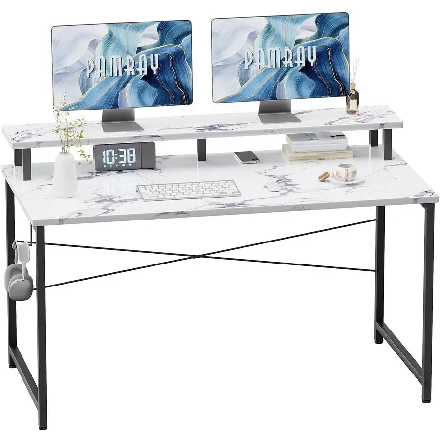 

47 Inch Small Computer Desk with Monitor Stand, Simple Office Desk with Headphone Hook for Small Spaces, Kids Study Writing Tab