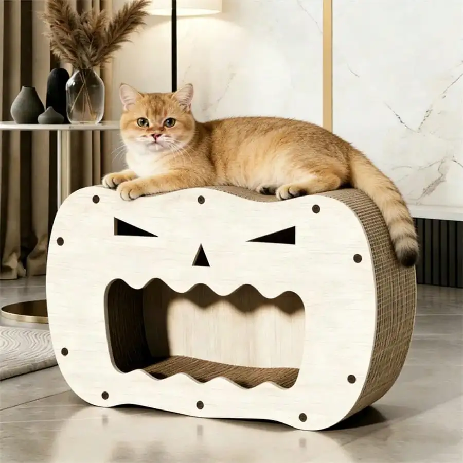 Halloween Pumpkin Shaped Cat Scratcher&Hideout - Corrugated Paper Cat Scratch Board Cat Nest Integrated Furniture