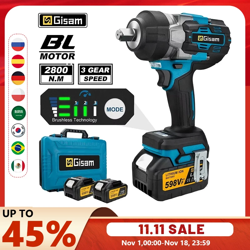 Gisam 2800N.M 브러시리스 전기 렌치 Makita 18V 배터리 핀용 1/2 인치 무선 임팩트 렌치 Electirc 스크루 드라이버 드릴