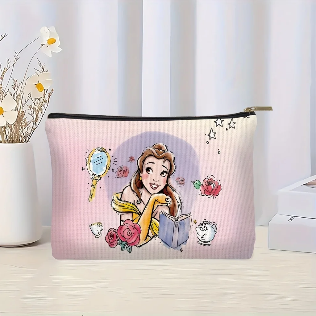 1 pezzo Disney La Bella e la Bestia Borsa per il trucco del viso iconica Rose e Belle Belle - Borsa multifunzionale carina con cerniera da donna, perfetta borsa da viaggio con cerniera