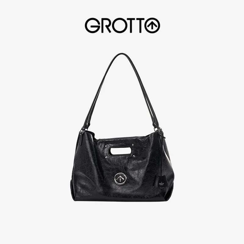 

GROTTO Women Shoulder Bag Solid Color Folded Hollow Label Handheld Design Soft Leather High Texture Commuter Versatile Bag