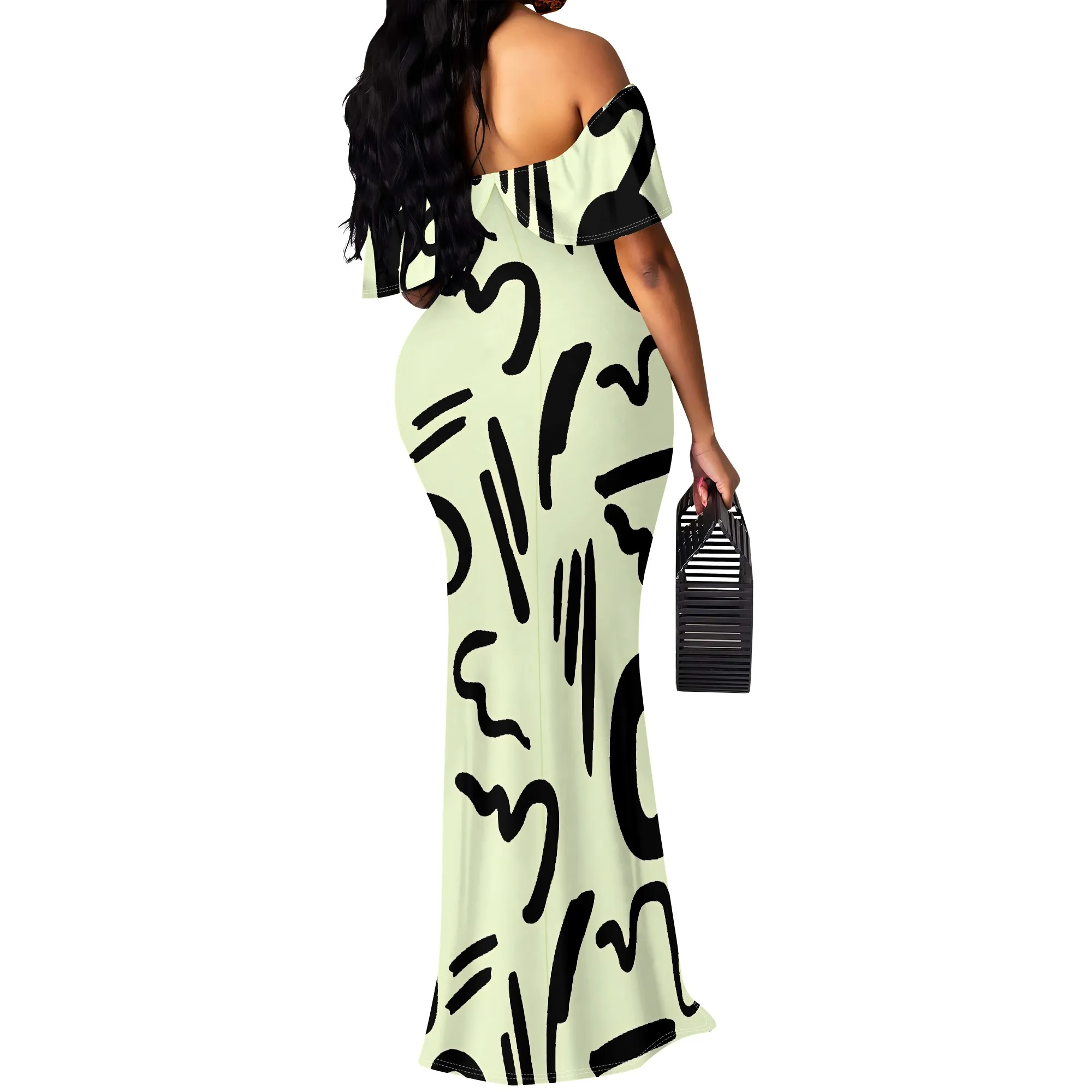 Vestido largo con hombros descubiertos y estampado abstracto en blanco y negro, vestidos largos informales de talla grande para playa de verano para mujer