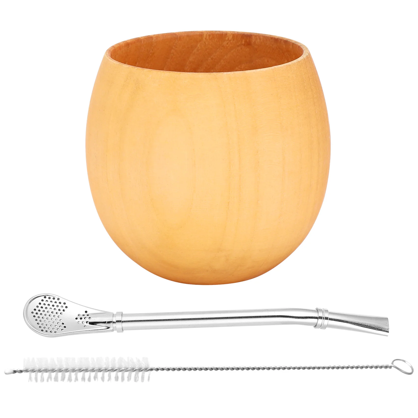 طقم شاي يربا القرع الخشبي عالي الجودة مصنوع يدويًا من الخشب الطبيعي كوب ماء القهوة مع ملعقة فرشاة بومبيلا من القش 200 مللي (لي)