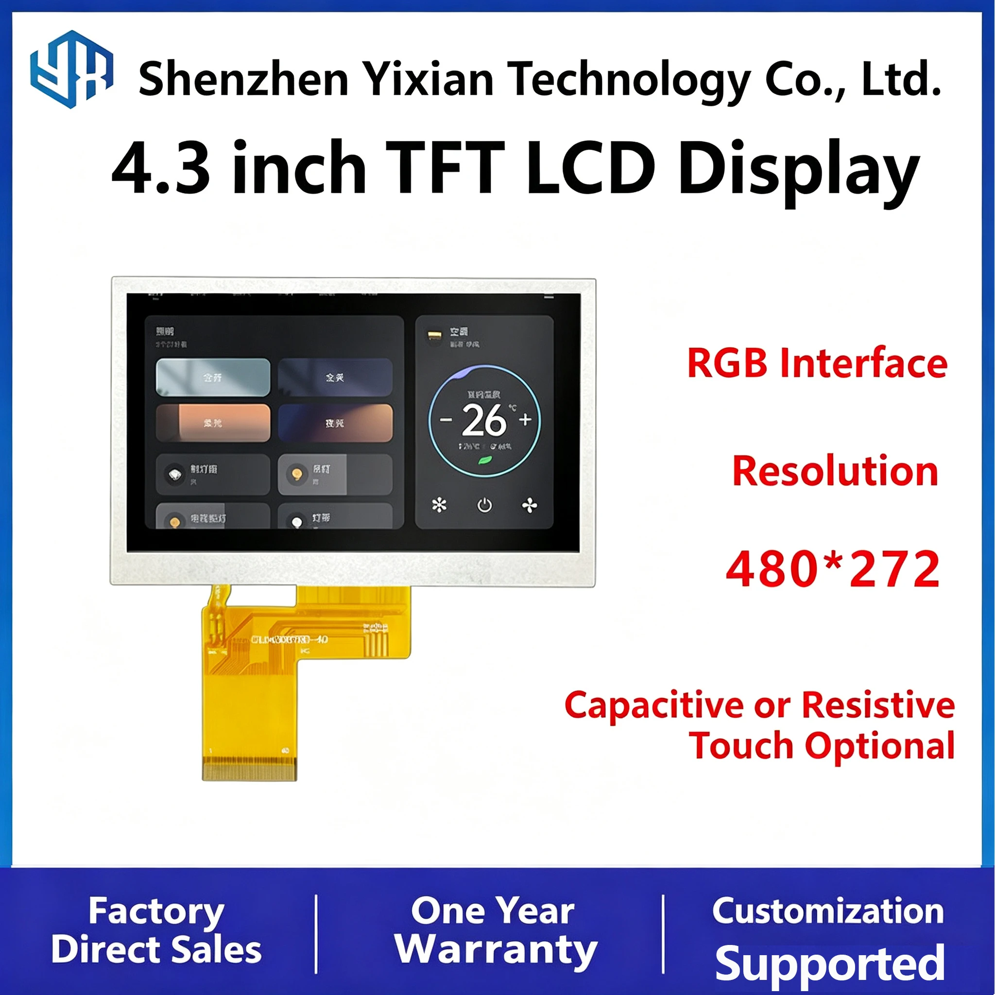 4.3-inch IPS LCD Display, 480×272 Resolution, RGB Interface, 40-Pin Connector, Capacitive Touch with GT911 Controller