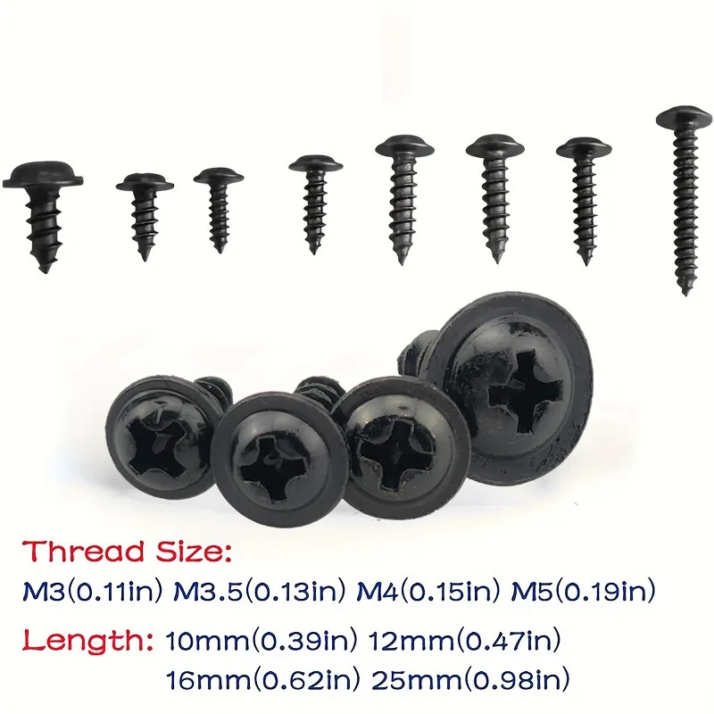 Picture 4: 390Pcs Carbon Steel Wafer Head Flange Self Tapping Screws Black Cross Head Self-Drilling Screw Bolt Phillips Head Assortment Kit