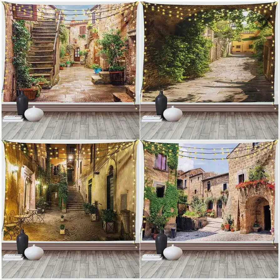 Vintage Street Landscape Tapestry Italian Roman Old Courtyard Rustic Stone House Modern Retro Wall Hanging Living Room Dorm Deco