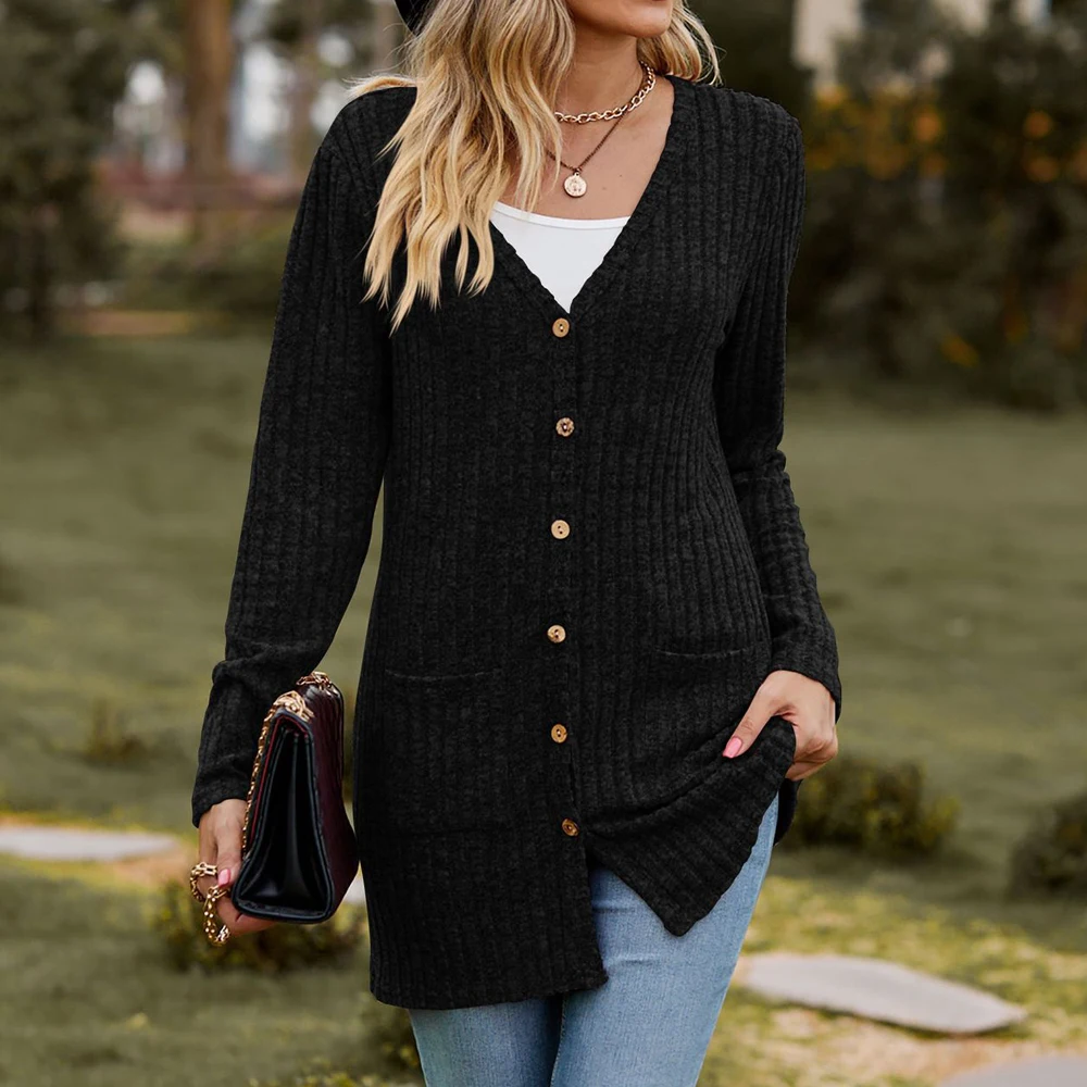 Autumn Winter Women Ribbed Button Cardigan Solid Casual Knitted Coat V Neck Tops Outwear Long Sleeve Elastic Basic Slim Sweater