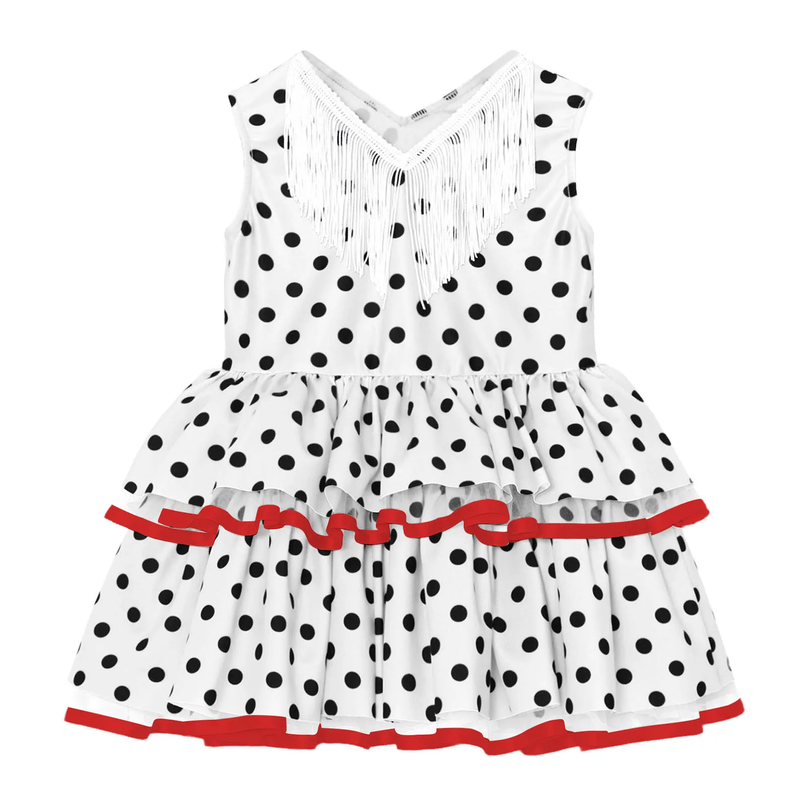 6M-5 Girls Cute Flamenco Dance Costume V-neck Sleeveless Tassel Polka Dot Mesh Layered Cake Dress for Dance Party Performance