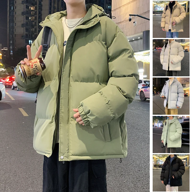 Męski płaszcz zimowy z kapturem z bawełny Thiened, ciepły, jednolity kolor, dla par, jesień-zima, nowość, casualowy styl streetwear