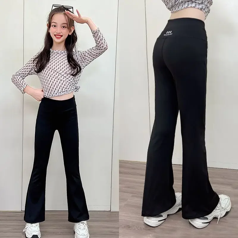 Kids Girls Black Velvet Flare Leggings Pants 2024 New Teenage Girls Thick Shark Skin Pants Children Cotton Elastic Leggins