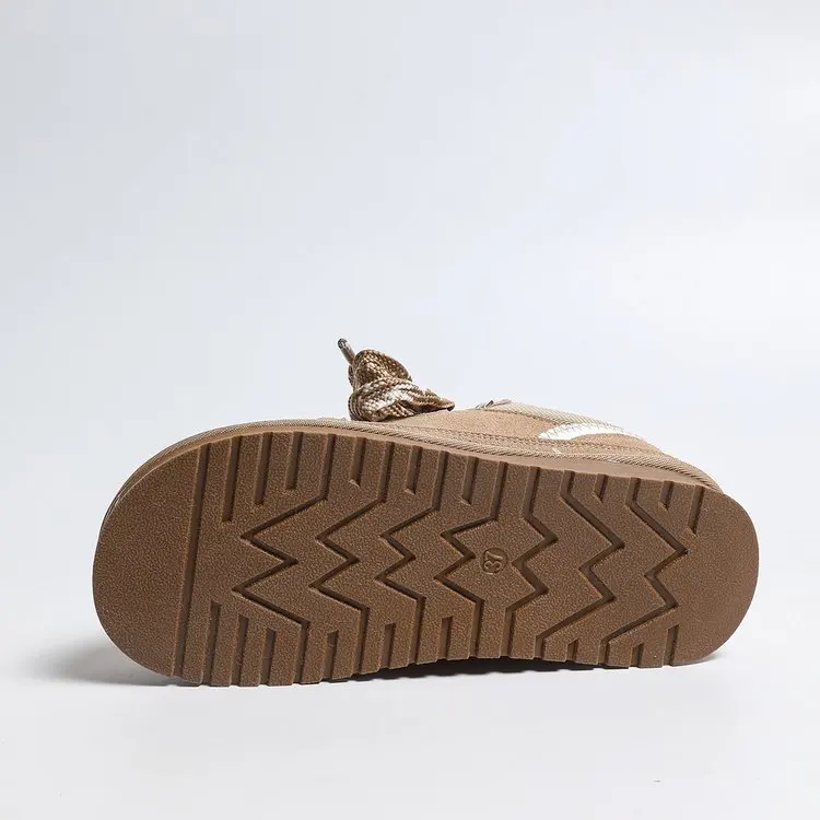 Damen Echt-Schaffell-Wollschneestiefel 2026 Neues Design Niedriger Schaft Dicke Sohle Schnürung Natürliches Fell Warme Baumwollschuhe Winter Herren Hausschuhe – Detail 5