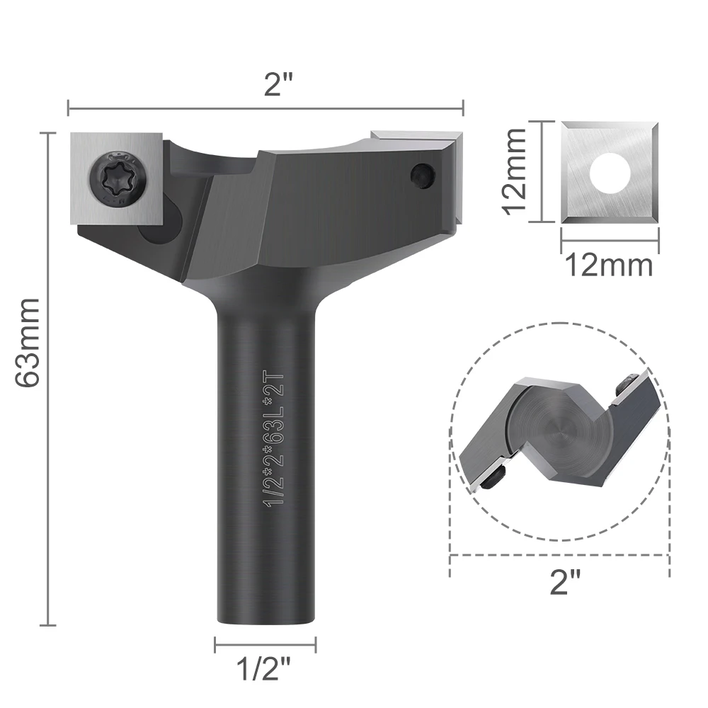 XUCHUAN 1/2 Shank Wood Planer Bit 2 Flutes CNC Spoilboard Surfacing Router Bit Insert Carbide Milling Cutter 2 Cutting Diameter