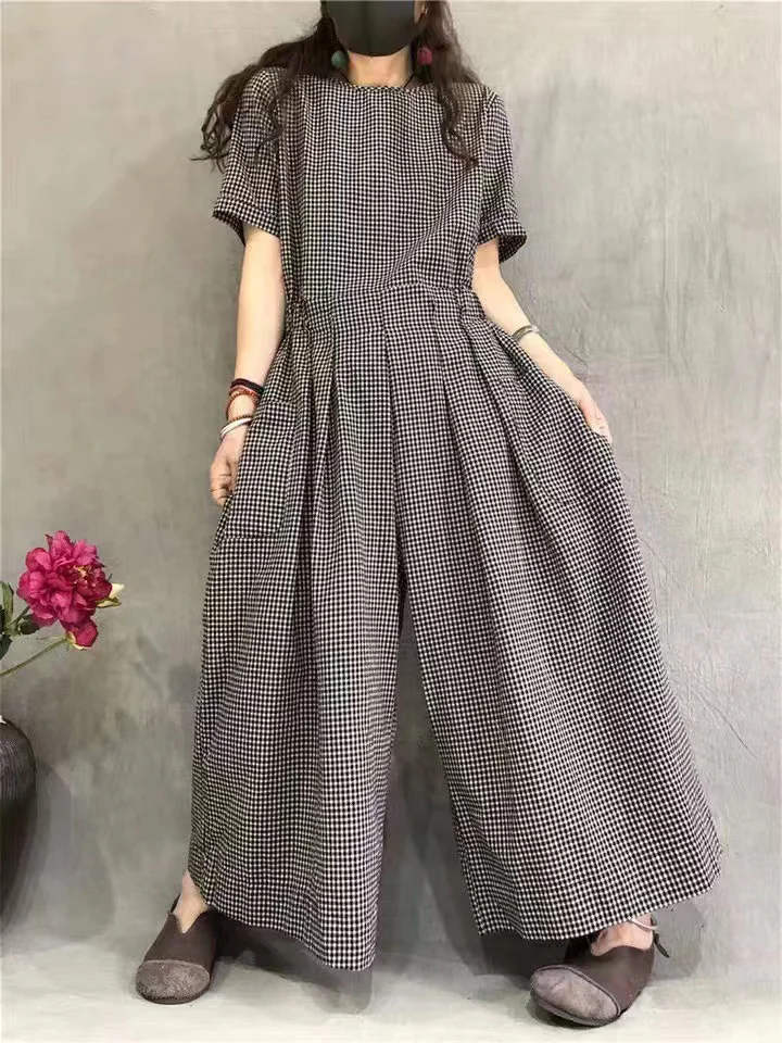 

Women's Wide Leg Pants Summer Plaid Onesie Loose plus Size ort Sve Overall orts High Waist Nine Points Regular Thin