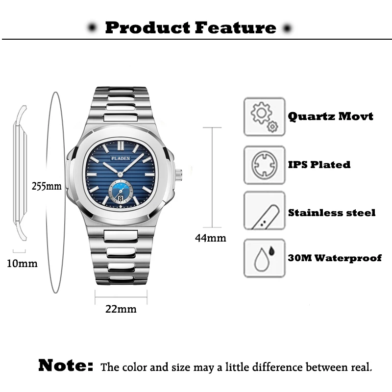 【With Leather Box】PLADEN Men Quartz Watches Steel Rectangular Classic Husband Watch Waterproof Calendar Relogio Masculino New