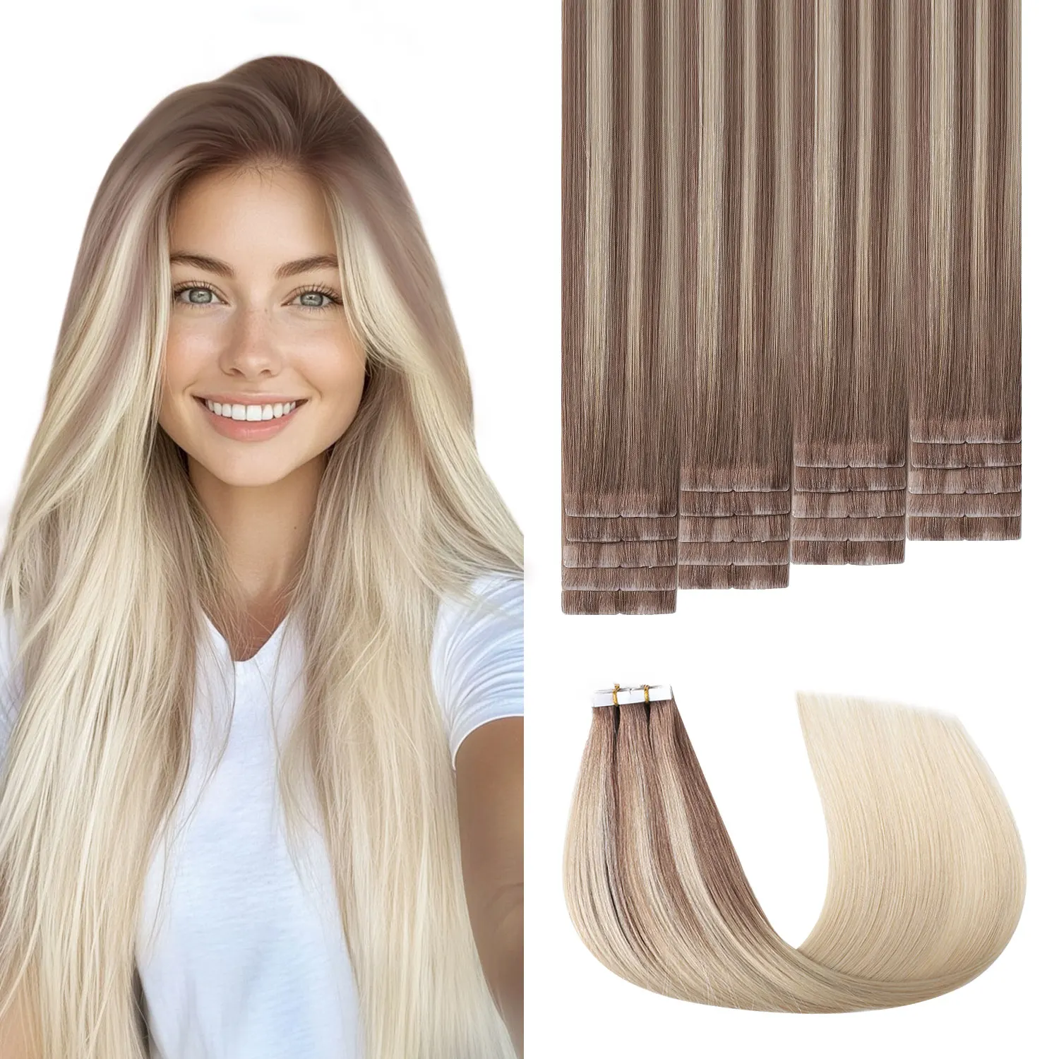 Extensions de cheveux naturels invisibles Sweetmet 3ème génération Pro3.0 # Extensions de cheveux naturels Remy adhésives 8/60 Hellbraun bis Platinblond, 30g-50g, 35cm-55cm, sans couture, pour femmes