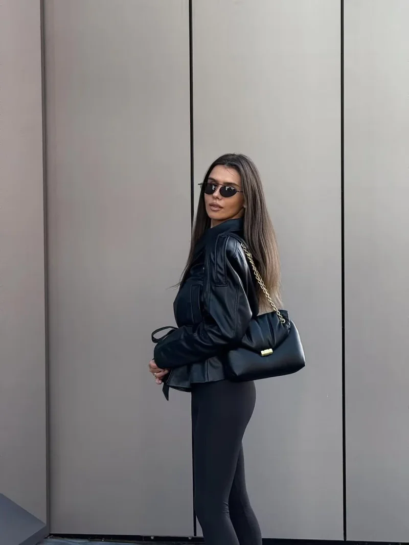 ETJ 2025 autumn new women's fashion belt imitation leather long sleeve short trench coat casual leather coat