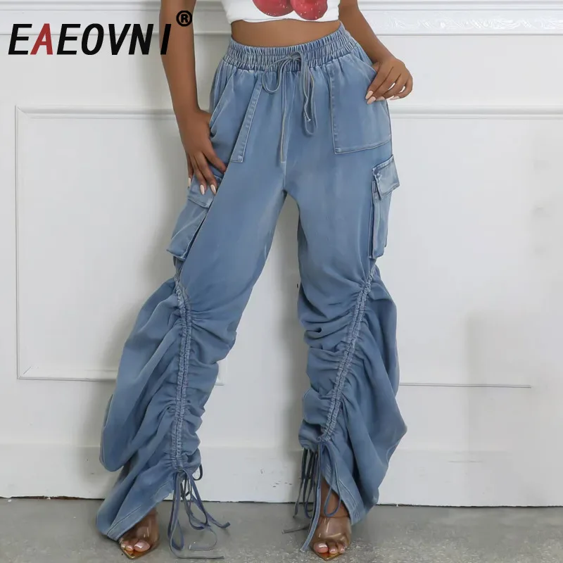 

EAEOVNI Blue Fashion Long Jeans Fashion Denim Lace-up Waist Pockets Folds Drawstring Design Wide Leg Trousers 2025 New 1A446