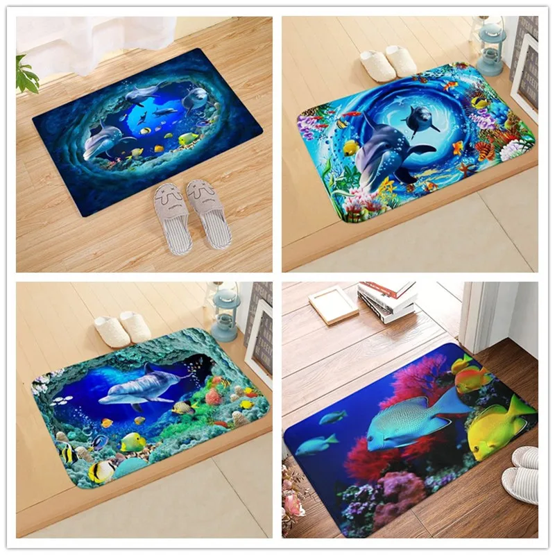 1Pc 3D Ocean Dolphin Carpet Easy To Clean Living Room Bedroom  Corridor Porch Decorative Floor Mat Non Slip Bath Kitchen Rug