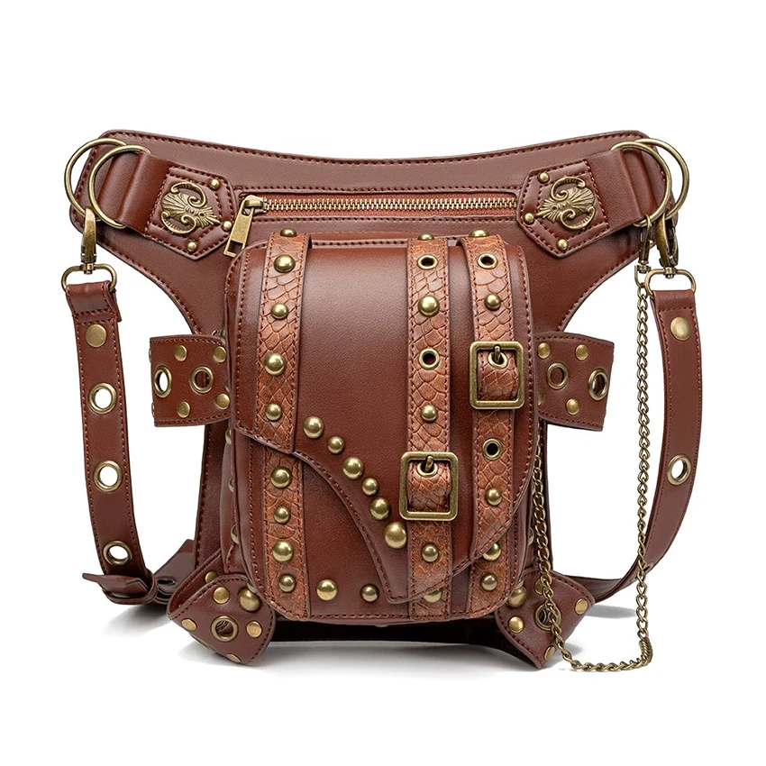 Medieval Vintage Bag Chain Women Steampunk Motorcycle Satchel Shoulder Fanny Pack Hip Sack Backpack PU Leather Crossbody Bag Man