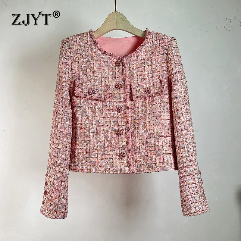 

ZJYT Autumn Winter Luxury Beading Tweed Jackets for Women 2024 Fashion Long Sleeve O Neck Pink Casual Coat Outerwears Female New