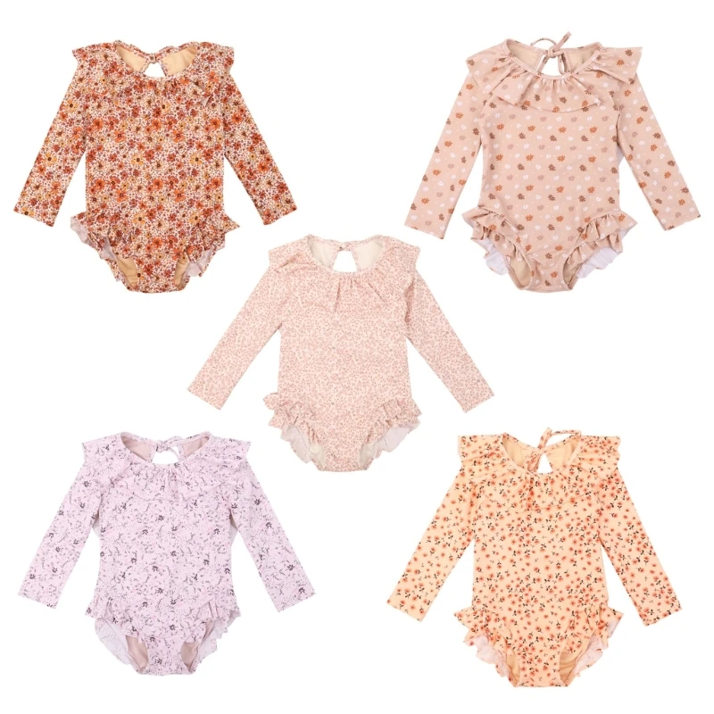 

Y1UB Baby Swimwear UPF50+ One-pieced Swimsuit Long Sleeves Ruffle Edges Bathing Suit