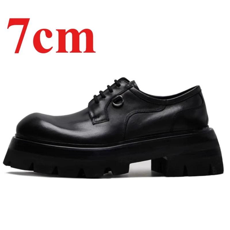 Genuine Leather Thick Soled Dress Shoes for Men's Increased 7cm Elevated Hand Sewn Metal Buckle Decoration Design's Derby Shoes