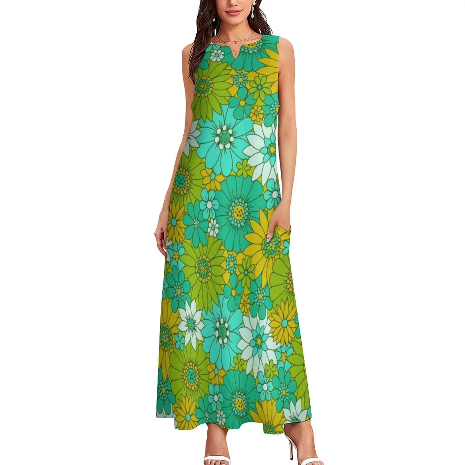 Retro Daisy Floral – Lime Long Dress Sommer Damenkleid 2025, Damen-Abendkleid für schwangere Frauen