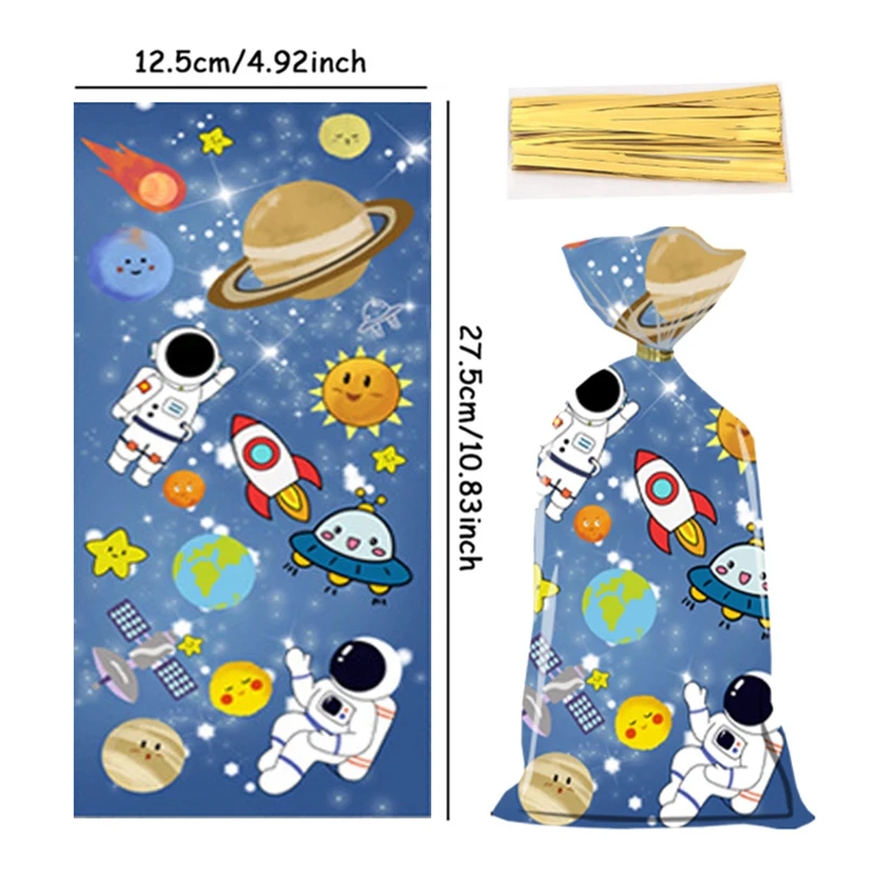 50pcs Cartoon Outer Space Astronaut Theme Party Gift Packing Bag Candy Cake Pouch Bag for Happy Birthday Party Favors Bag