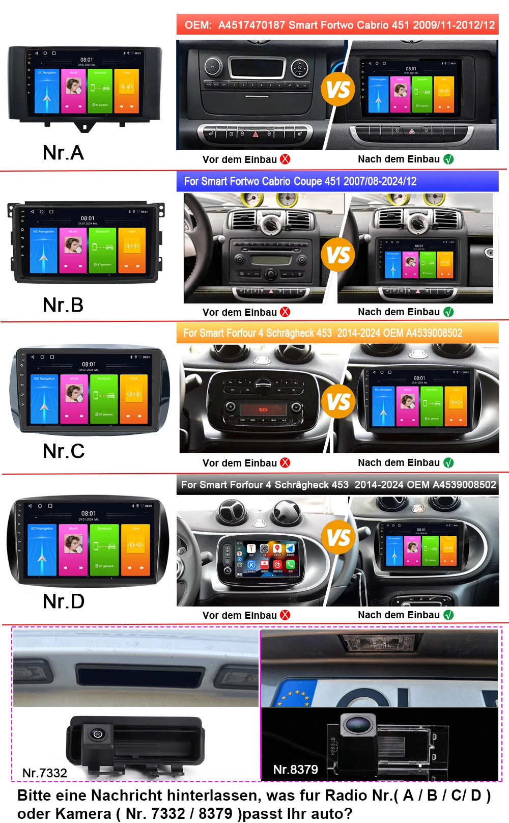 Android car radio with Wireless carplay GPS Navigation+HD reverse camera for Smart Fortwo II Cabriolet Coupe 453 2016/07-2024/12