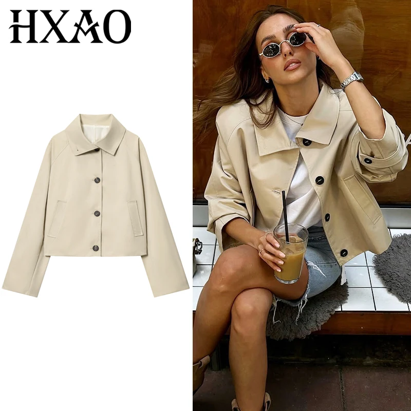 

HXAO 2025 женская укороченная водонепроницаемая куртка женская куртка осенняя бежевая короткая ветровка модные плащи на пуговицах с длинными рукавами