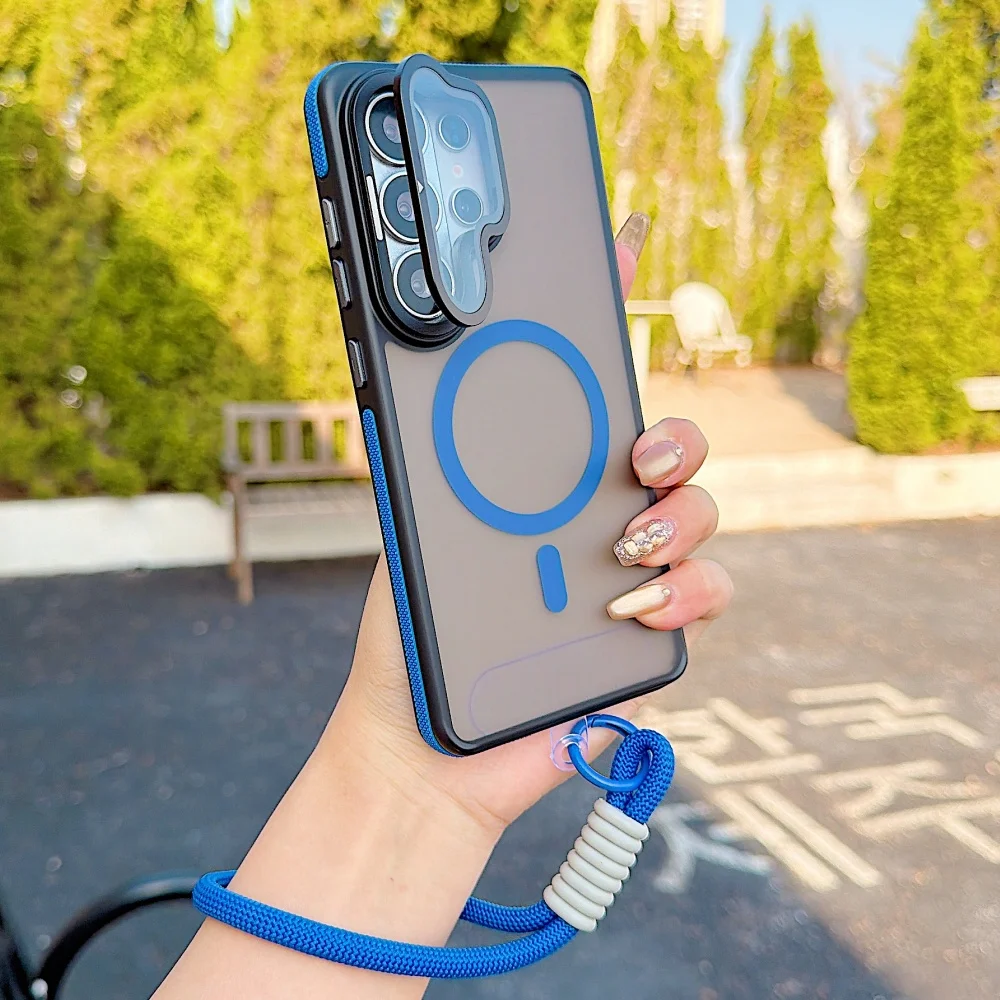 Faltbarer Objektivständer Matt Magnetische Kabellose Ladehülle für Samsung S26 Ultra S25 S24 S23 Plus S22 mit Handschlaufe und Umhängeband