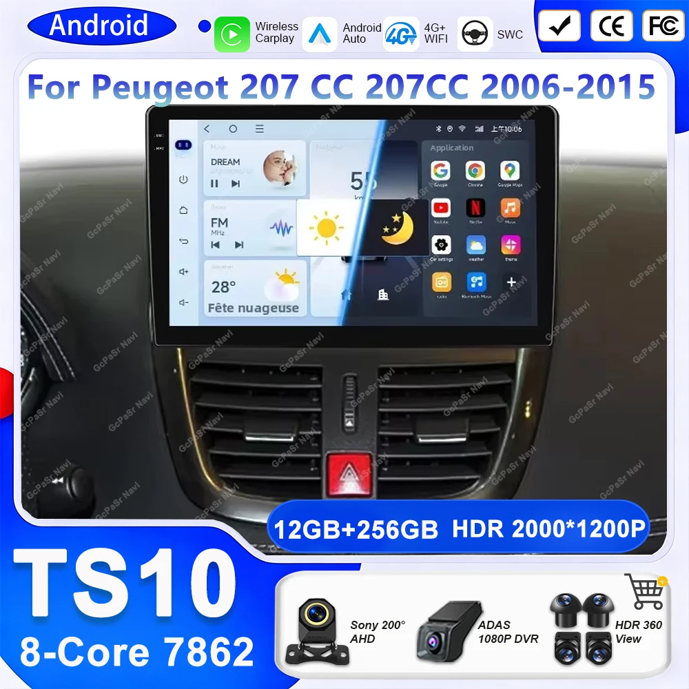 Rádio Automotivo Android 16 para Peugeot 207 CC 207CC 2006-2015 QLED com Carplay, GPS, 5G WIFI, Multimídia, Bluetooth e Unidade Central Sem Fio.