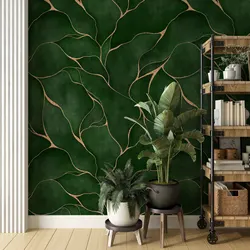 Green Watercolor Leaves Wallpaper Mural, Abstract Leaf With Yellow Line (Non Metallic) Wall Paper, Peel and stick Wallpaper Roll