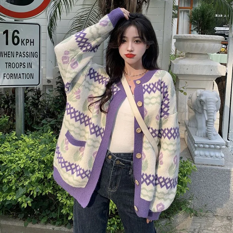 Purple Tulips Cardigan Women Knitted Sweet Cute Harajuku Panelled Autumn Clothing Sweaters Loose Casual Korean Fashion All-match