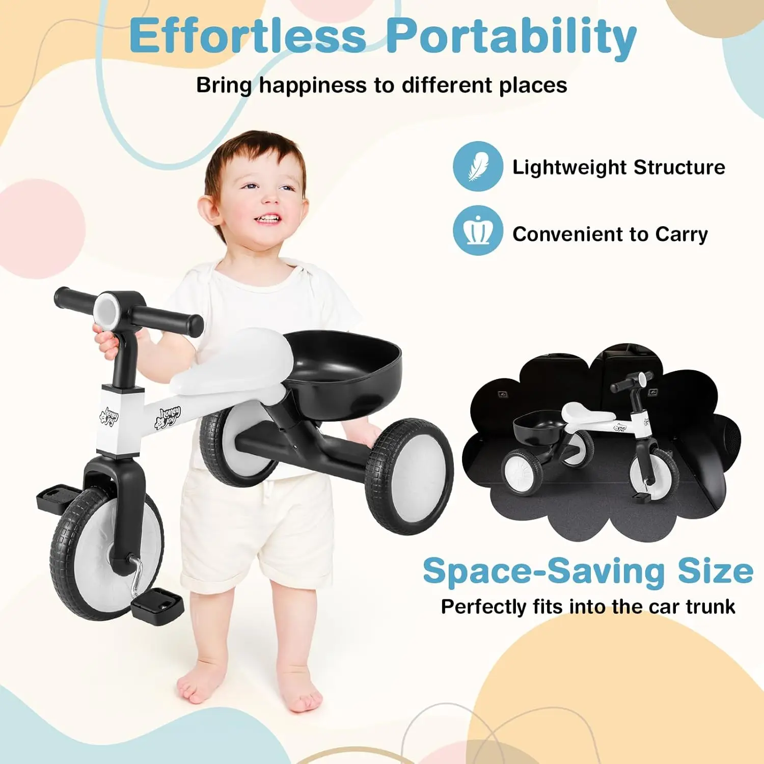 Driewieler, 3-In-1 Peuter Balansfiets Met Lichtgewicht Koolstofstalen Frame, Verwijderbare Pedalen En Opbergmand, Witte Babyfiets Peuters