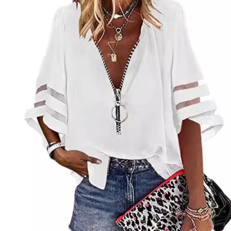 Summer Solid Shirt Elegant Women Lace Patchwork Flared Sleeve Mesh Blouse Women Zipper V-Neck Loose Casual Top Streetwear Female