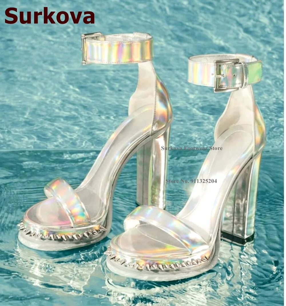 

Surkova Silver Hologram Iridescent Rivets Sandals Patent Leather Chunky Heel Spikes Platform Dress Shoes Buckle Strap Summer