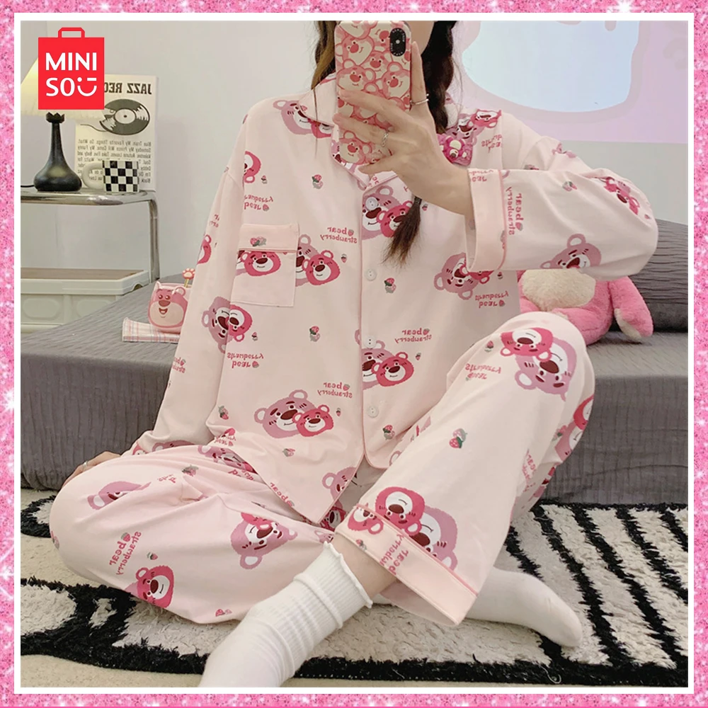 2023 Miniso Lotso Cartoon Print nuova primavera autunno Cute Milk Silk pantaloni a maniche lunghe studente 2 pezzi pigiama Set Home Out Girls Gift