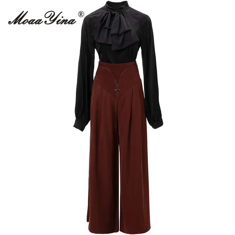 

MoaaYina Autumn Fashion Designer Vintage Hit Color Pants Set Women's Lantern Sleeve Bow Slim Top+Wide Leg Trousers 2 Pieces Set