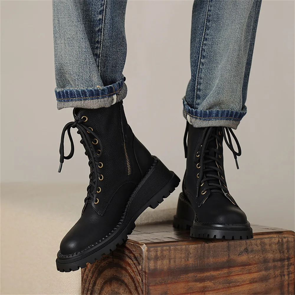 Taoffen Women Ankle Boots Genuine Leather Thick Sole Platform Lace Up Unisex Winter Flat Shoe Ladies Work Boots Fashion Designer