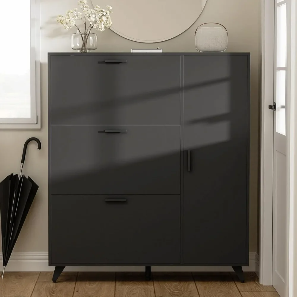 

42.5" W Large Black Shoe Storage Cabinet fit up to Shoe Size 16, Shoe Cabinet with 3 Flip Drawers and 2 Shelves