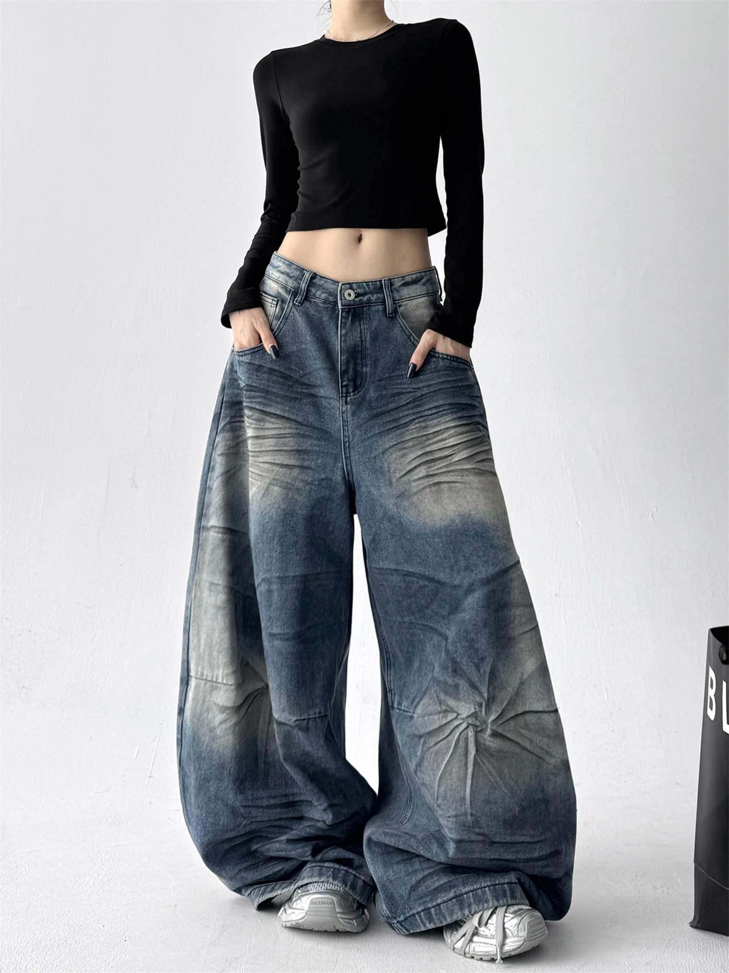 

Женские широкие джинсы большого размера, потертые мешковатые брюки с рюшами, винтажная уличная одежда, повседневные джинсовые брюки для женщин