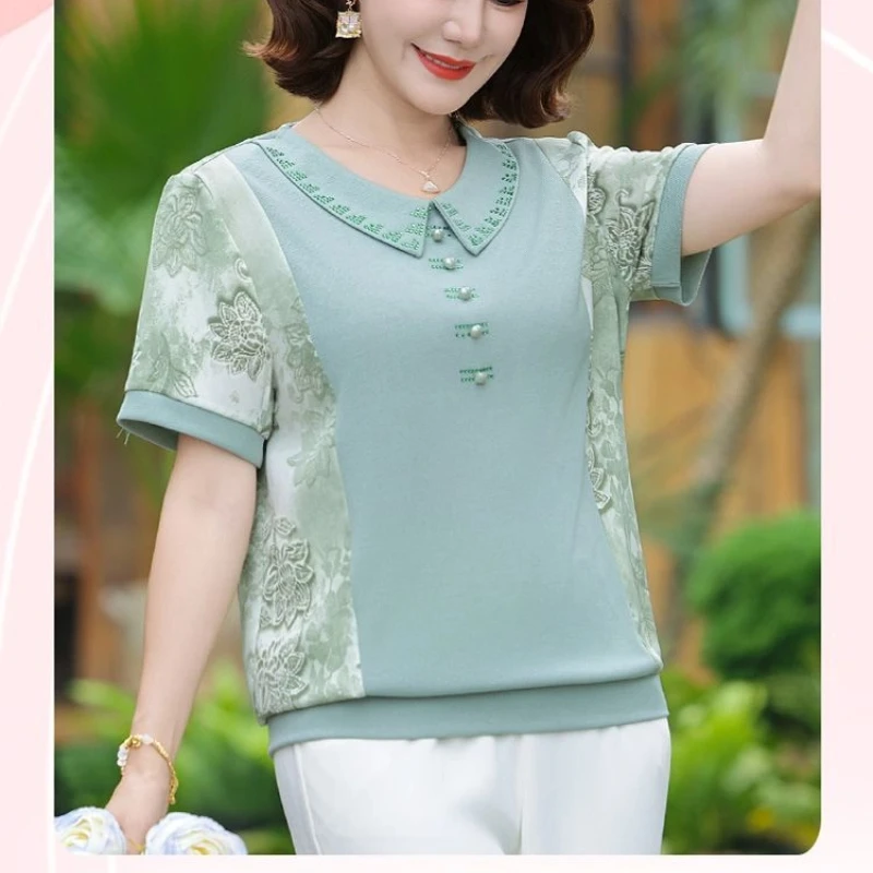 

New Women's Round Neck Button Printed Fashionable Loose Casual Short-sleeved T-shirt Top